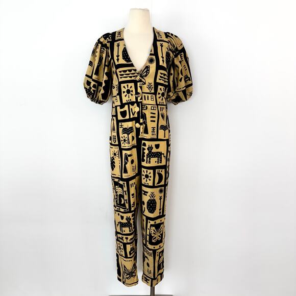 FARM Rio Linen Button-Down Jumpsuit Short Balloon Sleeve Beige/Black S - Picture 2 of 13